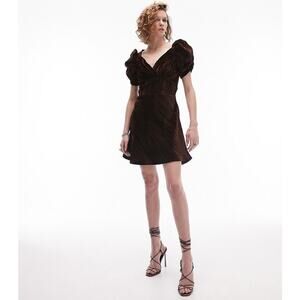 NWOT Topshop Crushed Velvet Mini Brown Tea Dress Size 8